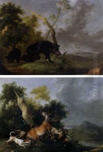 A Landscape With Boars Foraging (+ A Landscape With Hounds Bringing Down A Deer; Pair) by Wenzel Ignaz Prasch