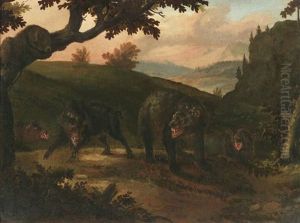 Wildschweine Umzingeln Einen Jungen Baren Am Waldesrand by Wenzel Ignaz Prasch