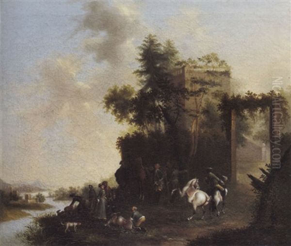 Jagdgesellschaft Vor Burgruine Uber Flusslandschaft - view 1