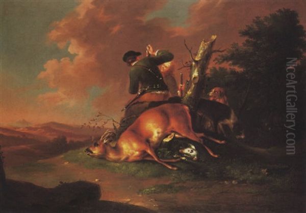 Hunters And Their Doggs Resting By Their Catch In A Wooded Landscape - view 1