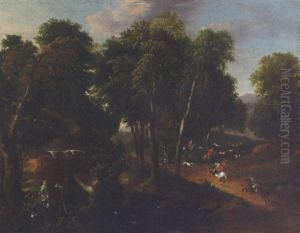 Hirschjagd In Waldlandschaft by Wenzel Ignaz Prasch