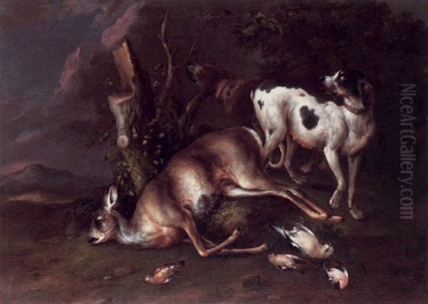 Two Hounds Standing Guard Over A Dead Deer With Song Birds In The Foreground - view 1