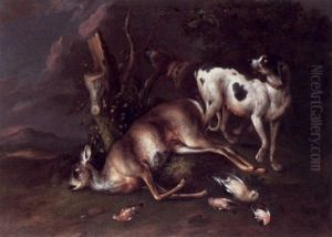 Two Hounds Standing Guard Over A Dead Deer With Song Birds In The Foreground by Wenzel Ignaz Prasch