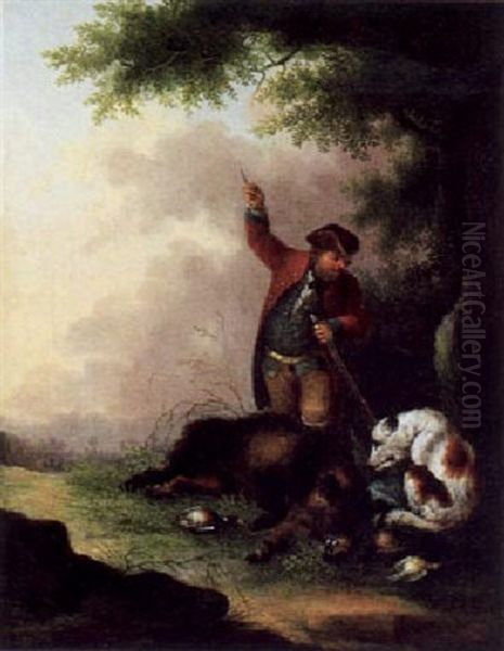 Jager Und Hund Mit Einem Erlegten Eber In Einer Landschaft - view 1