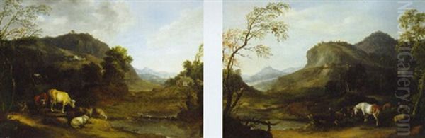 A Mountainous River Landscape With A Shepherd Driving Cattle And Sheep On A Path - view 1