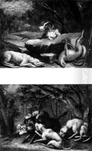 Two Dogs Watching Over A Killed Fox In A Wooded Landscape