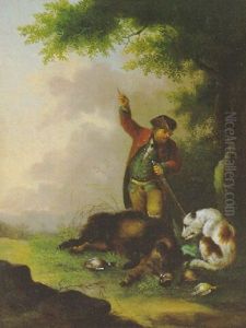Jager In Einer Landschaft Mit Hund Und Erlegtem Keiler