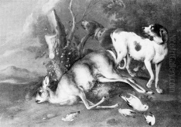 Two Hounds Standing Guard Over A Dead Dear And Song Birds In A Landscape - view 1