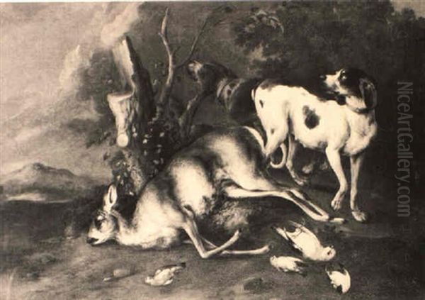 Two Hounds Standing Guard Over A Dead Deer And Song Birds In A Landscape - view 1