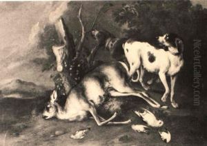 Two Hounds Standing Guard Over A Dead Deer And Song Birds In A Landscape by Wenzel Ignaz Prasch