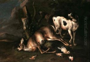 Two Hounds Standing Guard Over A Dead Deer And Song Birds   In A Landscape by Wenzel Ignaz Prasch