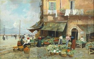 Market Scene On Via Marina, Naples by Attilio Pratella