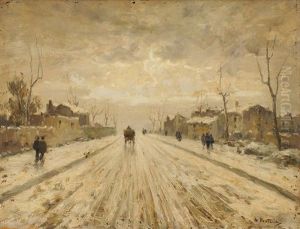 Winterliche Dorfstrasse Mit Fuhrwerk Und Passanten Winterliche Dorfstrasse Mit Fuhrwerk Und Passanten
