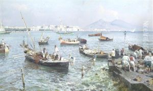 Fishing Boats In The Bay Of Naples by Attilio Pratella