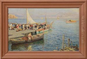 Naples Quay, Fishing Boats And Crowd by Attilio Pratella
