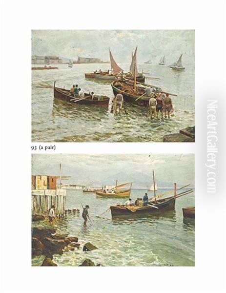Fisherfolk In The Bay Of Naples; Fisherfolk Before Vesuvius (pair) - view 1