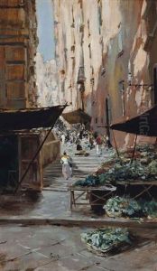 A Market On The Steps, Porta Lucia, Naples by Attilio Pratella