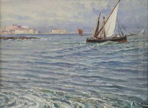 Napoli, Barche Di Pescatori In Mare Con Castel Dell'ovo E Il Lungomare Di Via Partenope Sullo Sfondo by Attilio Pratella