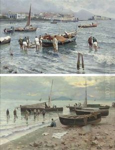 Pescatori Presso La Baia Di Napoli (+ Ritorno Dei Pescatori Al Tramonto Con La Pesca; Pair) by Attilio Pratella