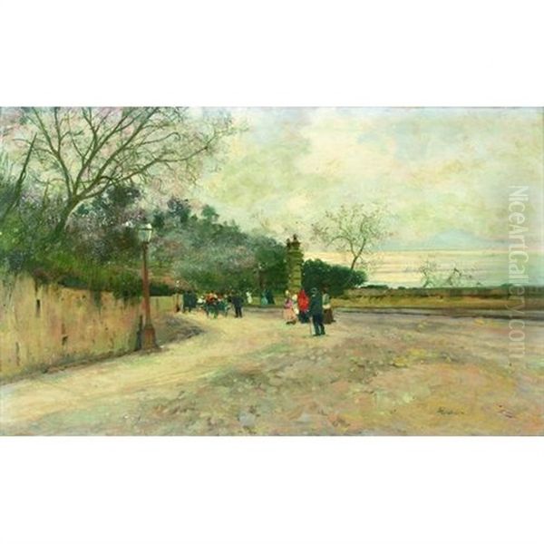 Figures On A Promenade With The Bay Of Naples And Vesuvius Beyond - view 1