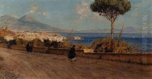 The Bay Of Naples With A View Of Vesuvius In The Distance by Attilio Pratella
