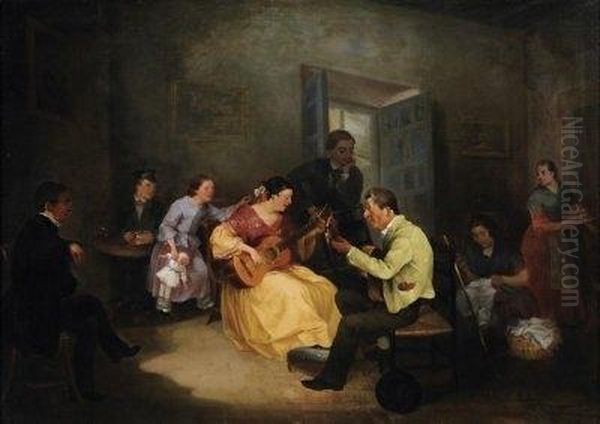A Musical Round. Indoor Scenery With Guitar Players And Childern Listening. Signed And Dated Bottom Right: C.l. Bokelmann Ddf. 1878 - view 1