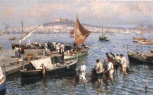 Fishermen With Their Nets In The Bay Of Naples by Attilio Pratella