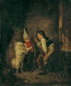 Zwei Kinder Mit Einem Spitz Spielend. Signiert Unten Rechts: Carl Boker. Ol Auf Leinwand. H 70,5; B 58 Cm. by Karl Boker
