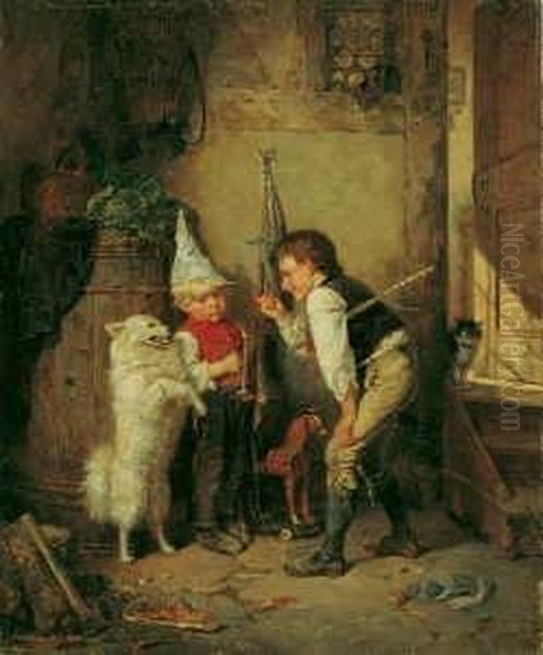 Zwei Kinder Mit Einem Spitz Spielend. Signiert Und Datiert Unten Rechts: Carl Boker 1868/df. Ol Auf Leinwand. H 69; B 57 Cm. - view 1