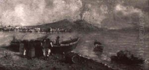 Naples Bay With Vesuvius Erupting In Distance by Attilio Pratella