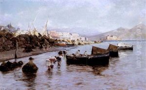 Fisherwomen By Boats In The Bay Of Naples by Attilio Pratella