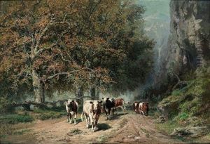 Hochgebirgslandschaft Mit Aufragendem Massiv. Auf Altem Weg Unter Ausladenden Baumen Heimkehrende Kuhe by Edmond Joseph De Pratere