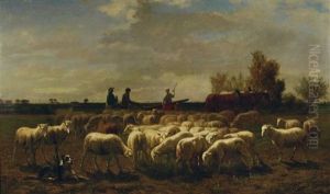 Landschaft Mit Schafherde Und Pflugenden Bauern by Edmond Joseph De Pratere
