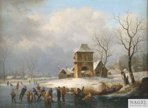 Weite Winterlandschaft Mit Schlittschuhlaufern Auf Einem Zugefrorenen Kanal An Einem Gutshof by Henri De Pratere