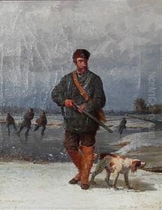 Skaters And A Hunter With His Dog by Henri De Pratere