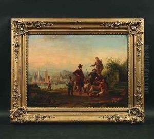 Jagdgesellschaft Vor Sudlandischer (?) Stadtkulisse. Am Ufer Eines Fluses Warten Die Jager Auf Das Fahrboot by Henri De Pratere