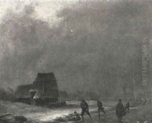 Skaters On A Frozen River by Henri De Pratere