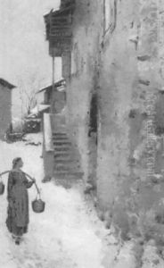 Wassertragerin Auf Winterlicher Dorfstrasse