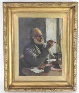 Elderly Gentleman Seated At A Desk Sealing A Letter Elderly Gentleman Seated At A Desk Sealing A Letter
