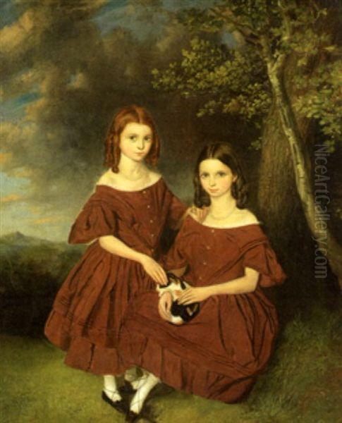 Portrait Of Two Sisters And Their Cat In A Landscape - view 1