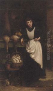 A Young Kitchen Maid In A Doorway With Dead Game, Eggs And Vegetables