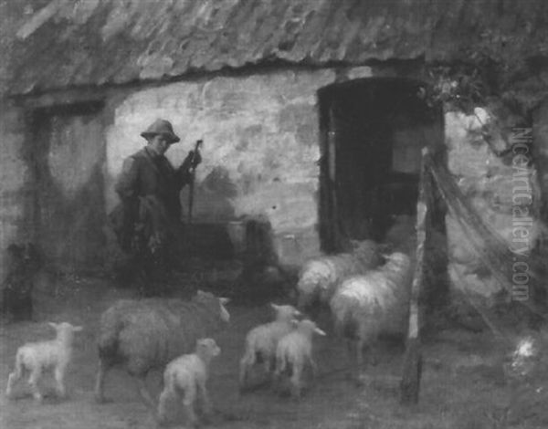 Shepherd And Sheep In A Farmyard - view 1