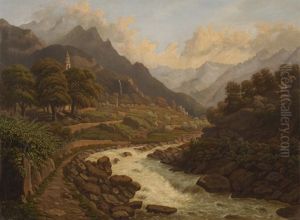 Alpenlandschaft Mit Kirche Und Gebirgsbach Alpenlandschaft Mit Kirche Und Gebirgsbach
