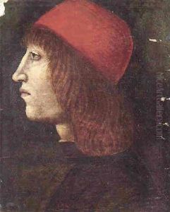 Portrait Of A Young Man In Profile Wearing A Red Hat by Ambrogio de Predis