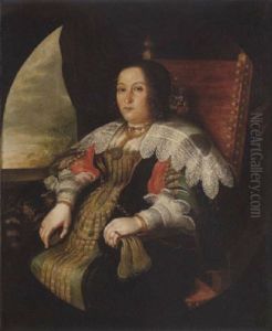 Portrait Of A Lady In A Black Dress With Gold Embroidery, Slashed Sleeves And Lace Collar And Cuffs by Daniel Preisler