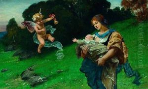 Mutter Mit Kind Auf Einer Blumenwiese Mit Fliegender Elfe by Hermann Prell
