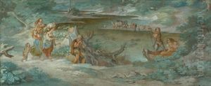Weite Fluslandschaft Mit Einer Fahrmannsstelle, Verschiedenen Italienischen Personen Und Einer Viehherde Im Hintergrund by Friedrich Johann C.E. Preller the Elder