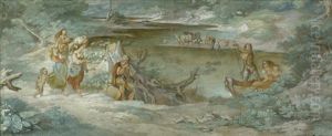 Weite Fluslandschaft Mit Einer Fahrmannsstelle, Verschiedenen Italienischen Personen Und Einer Viehherde Im Hintergrund (sketch) by Friedrich Johann C.E. Preller the Elder