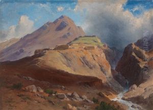 Rocky Landscape With Ruins And Mountain Stream by Friedrich, the younger Preller