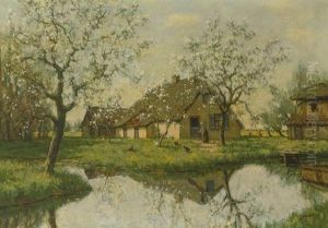 Fruhlingslandschaft Mit Teich Und Reetgedeckten Katen